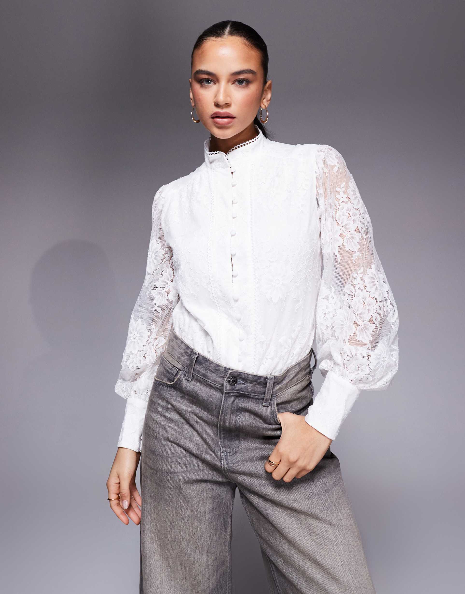 bardot olessia lace high neck balloon sleeve shirt in white
