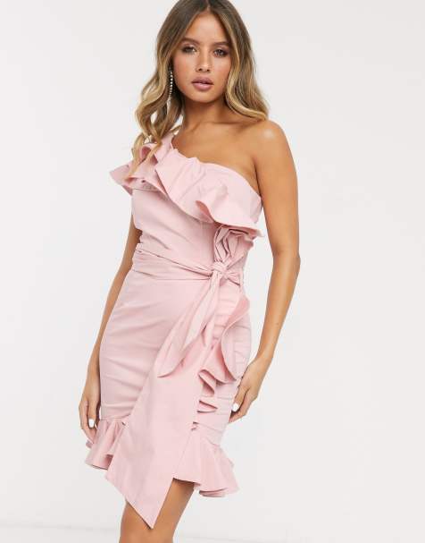 Bardot – One-Shoulder-Minikleid mit Rüschen und Schleife in Staubrosa