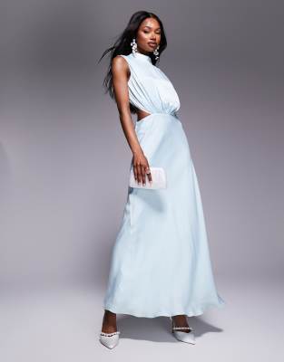 open back high neck maxi dress in aqua-Blue