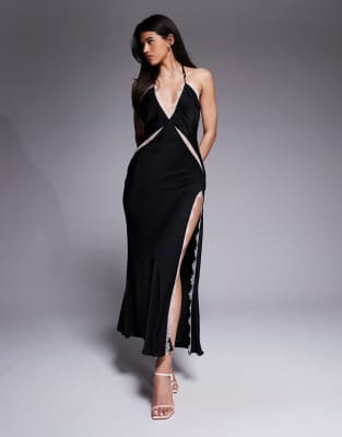 Bardot Orada Satin Lace Trim Cut Out Slit Front Halter Neck Midaxi Dress In Black