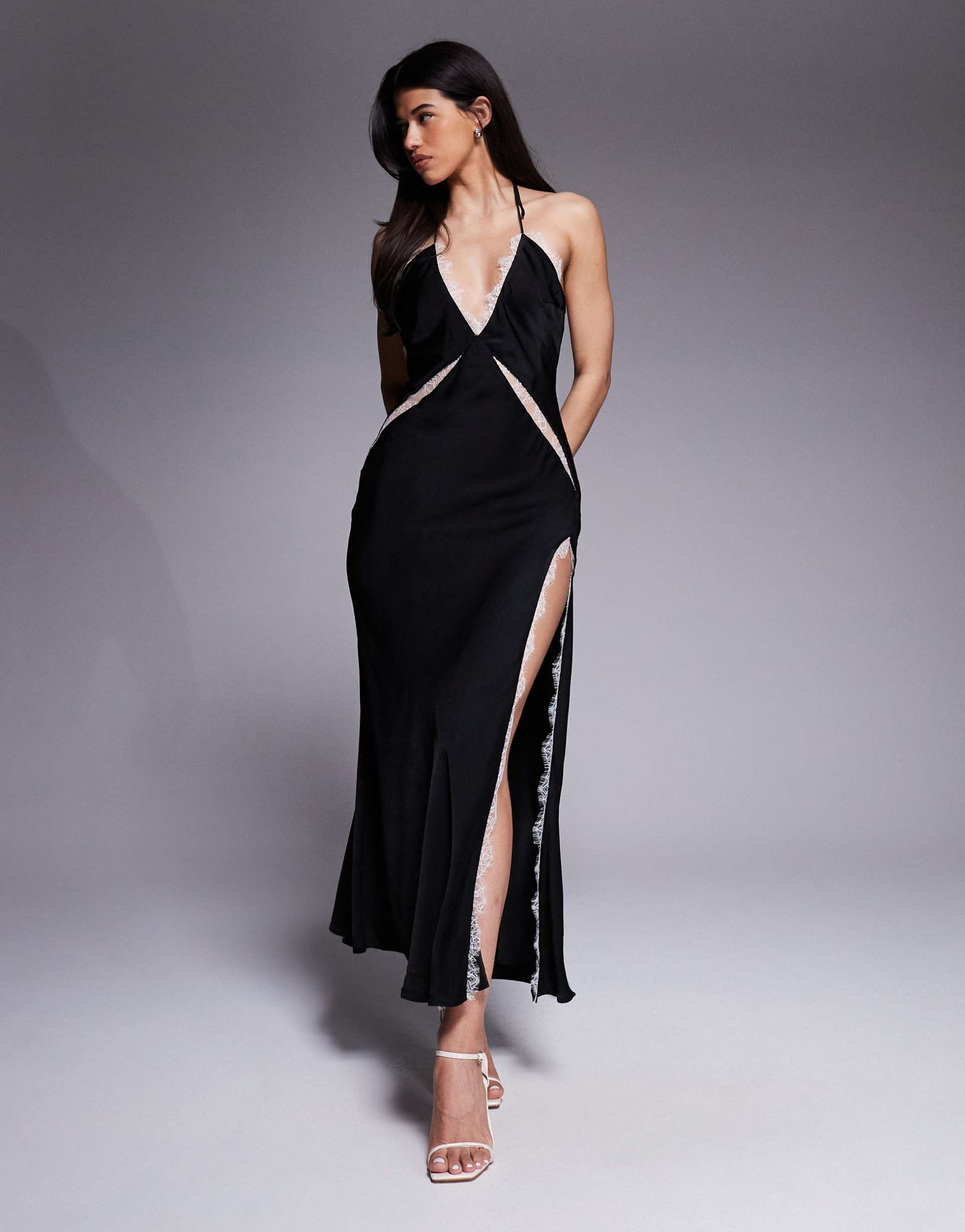 bardot orada satin lace trim cut out slit front halter neck midaxi dress in black