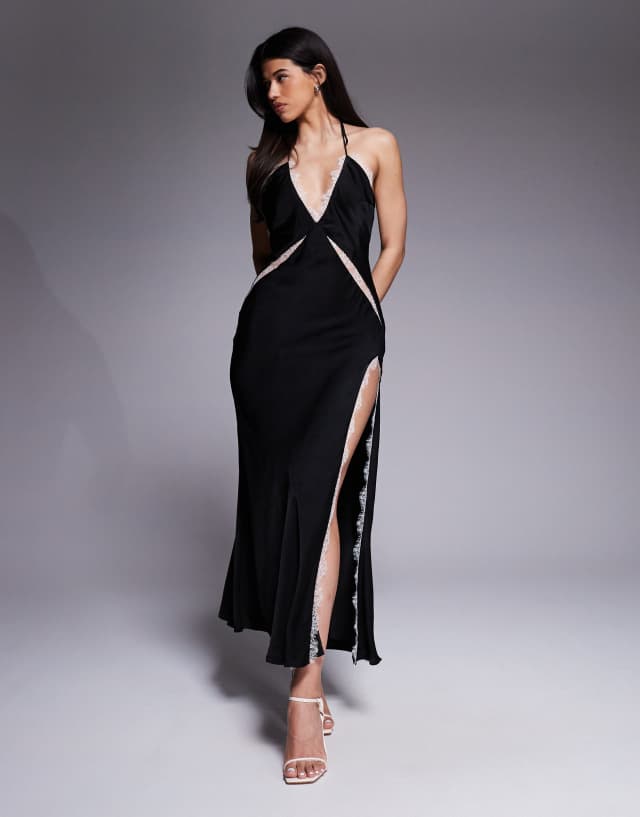 asymmetric cut-out halterneck midaxi dress in black Bardot Orada satin lace trim cut out slit front halter neck Chéri Gown | Teuta Color: White It’s complete with a COLOR:BISCOTTI MULTI
