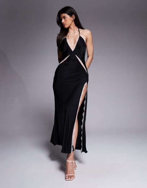 Bardot Orada satin lace trim cutout slit-front halter neck midaxi dress in black - view 1