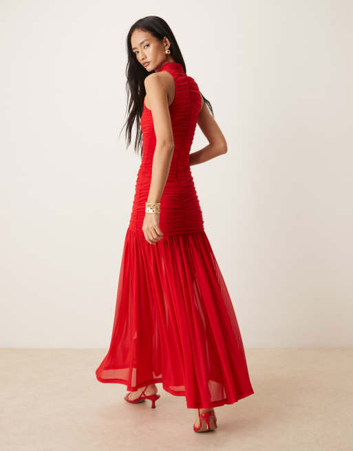 Bardot Orlana mesh high neck dropped waist maxi dress in red, 2 of 4