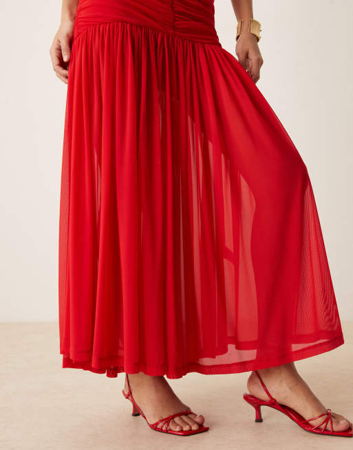 Bardot Orlana mesh high neck dropped waist maxi dress in red, 3 of 4