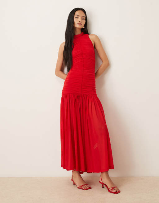 Bardot Orlana mesh high neck dropped waist maxi dress in red, 4 of 4