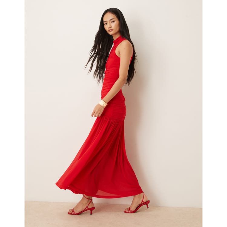bardot briann drop waist maxi dress Orlana mesh high neck dropped midaxi in red 155cm This style sits on the floor with high heel SKU Draped Bardot A Line Maxi