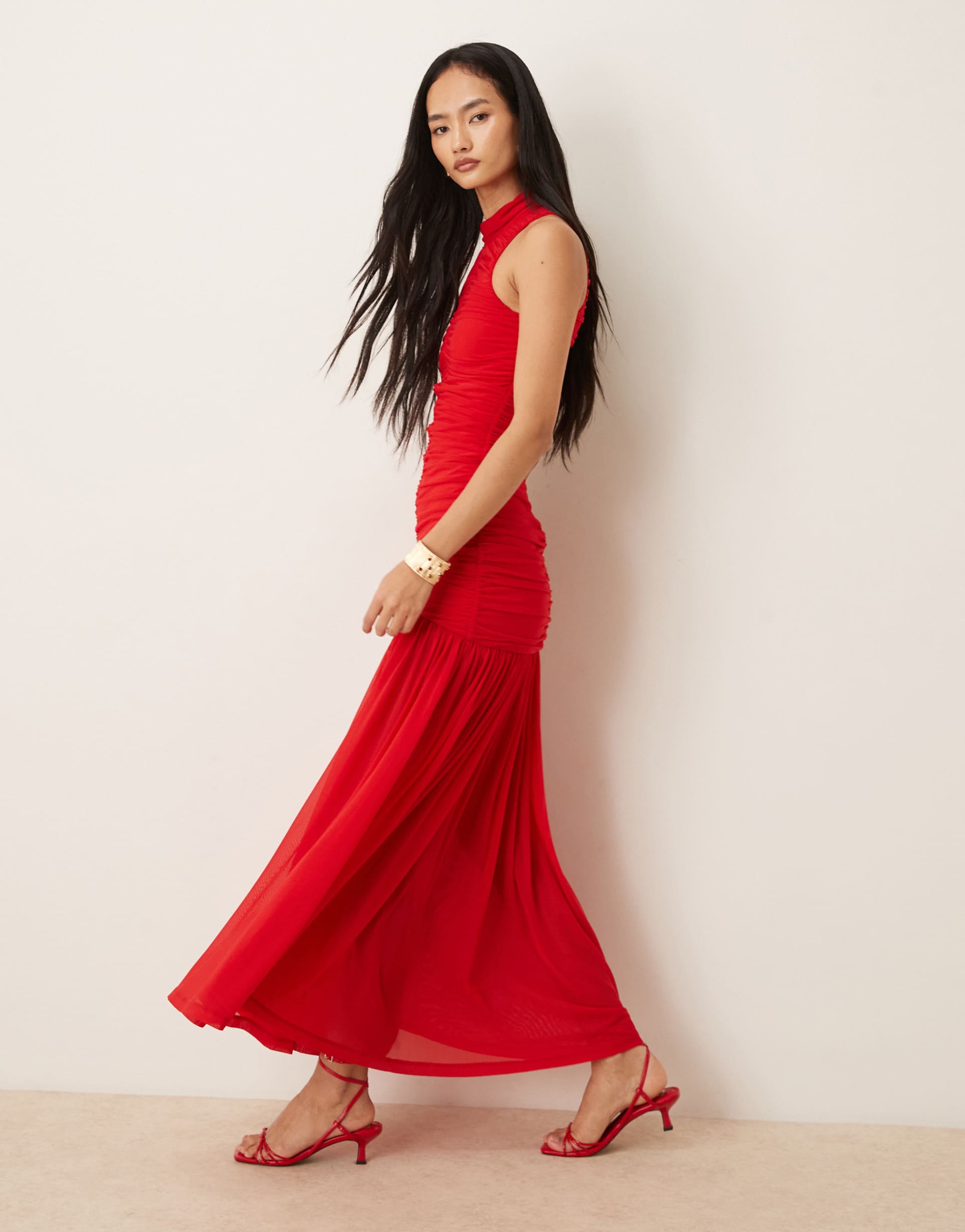 bardot orlana mesh high neck dropped waist midaxi dress in red