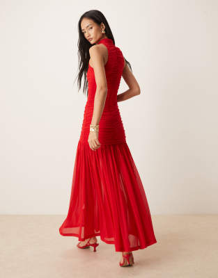 Bardot Orlana Sleeveless Racerneck Dropped Waist Ruched Mesh Maxi Dress In Red