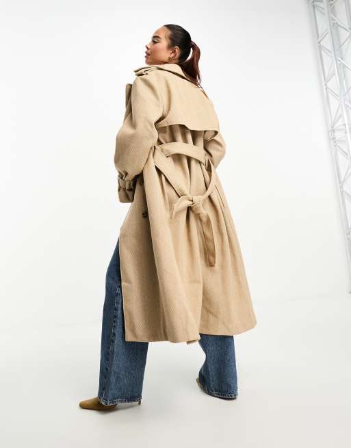 Bardot oversized herringbone trench coat in beige | ASOS