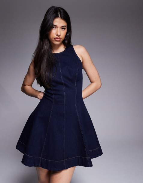 Bardot Palmer denim racer neck seam detailing fit and flare full skirted mini dress in dark blue - view 1