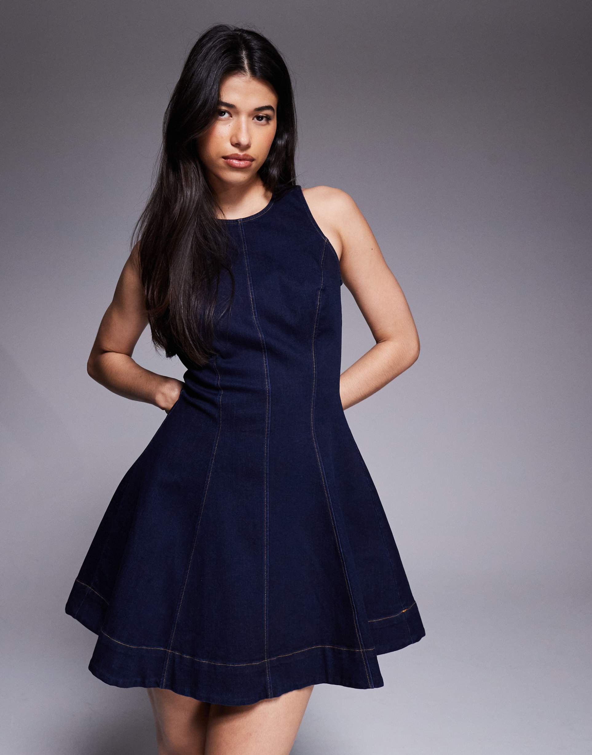 bardot palmer denim racer neck seam detailing fit and flare full skirted mini dress in dark blue