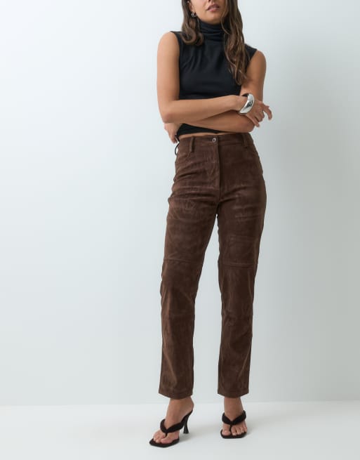 Bardot pantalon taille haute à boutons en daim synthétique chocolat, 2 de 5