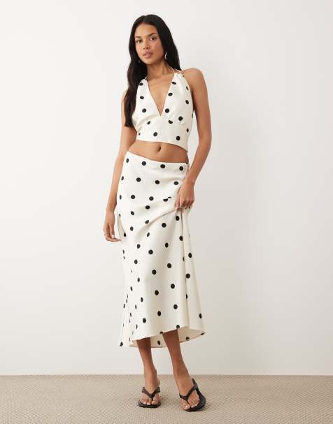 Bardot Pheobe satin midi skirt in white with black polka dot print - part of a set - view 1