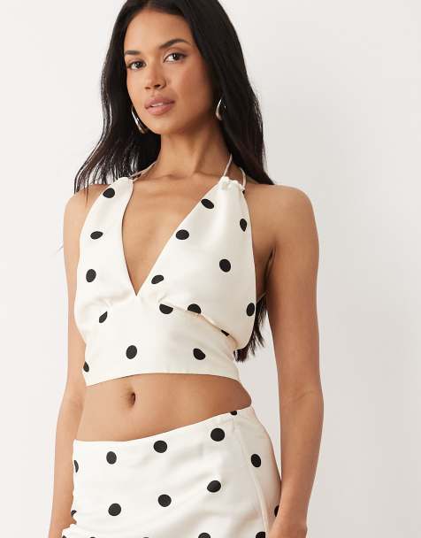 Bardot Pheobe satin plunge halter neck top in white with black polka dot print - part of a set - view 1