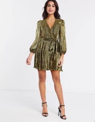 Bardot pleated mini dress with sleeve drama in gold | ASOS