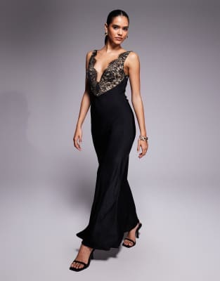 Bardot Plunge Neck Lace And Satin Mix Maxi Dress In Black