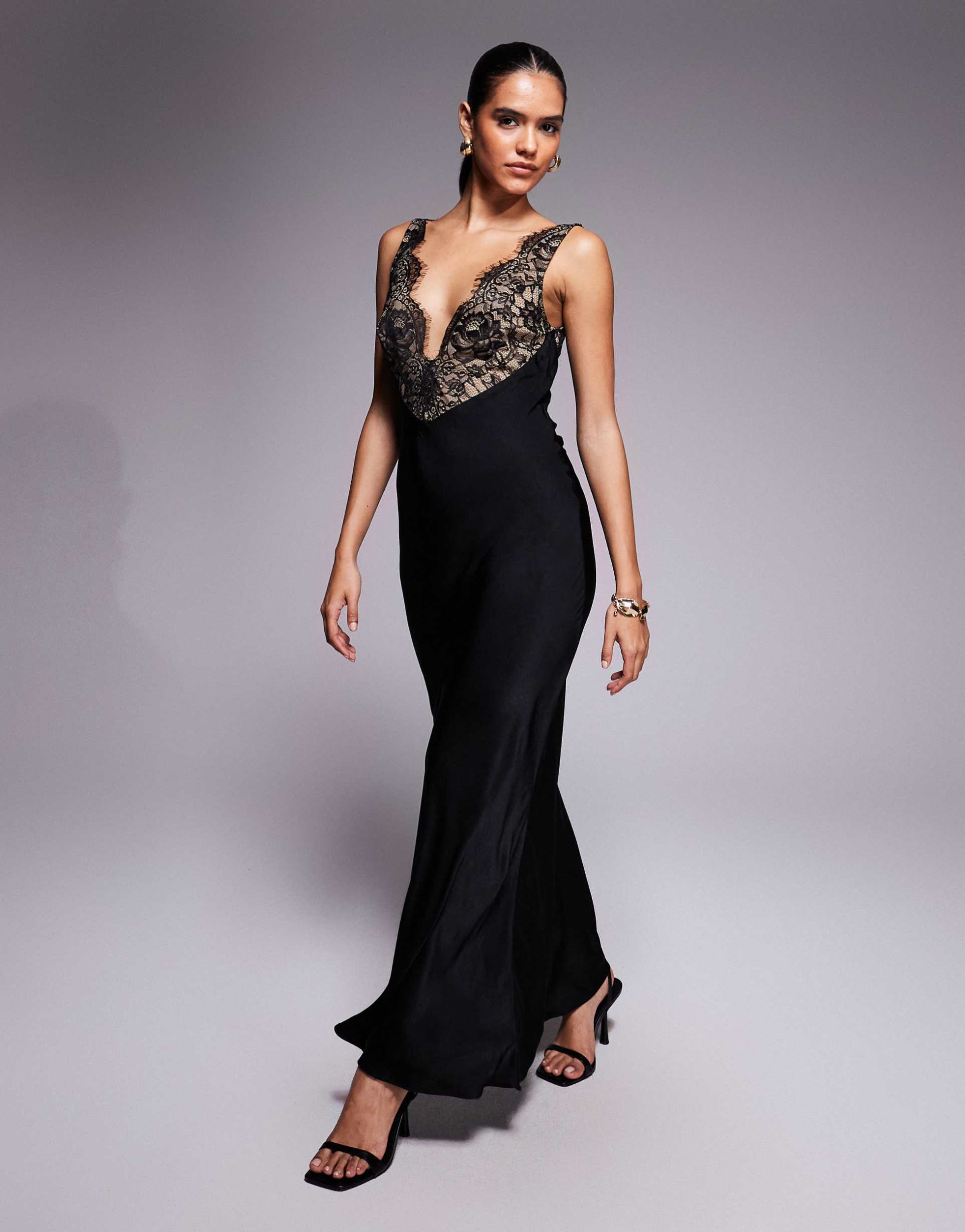 bardot plunge neck lace and satin mix maxi dress in black
