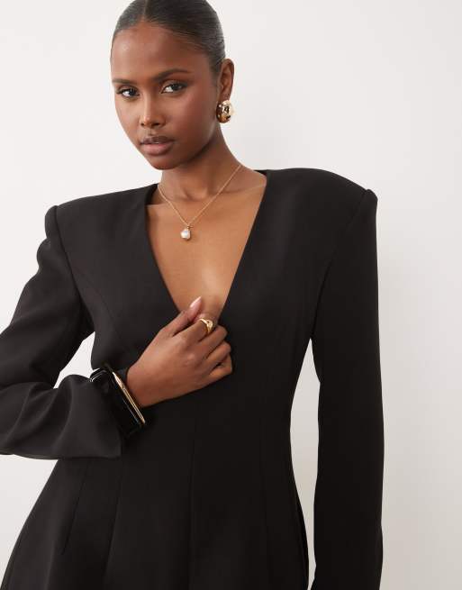 Bardot plunge neck shoulder pad tailored blazer mini dress in black, 2 of 4