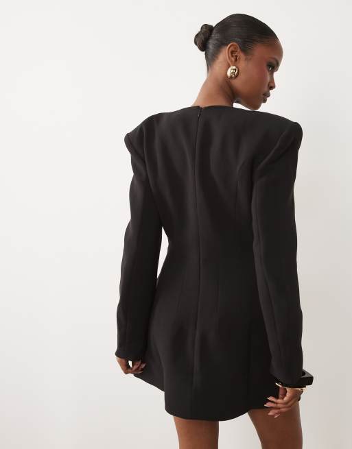 Bardot plunge neck shoulder pad tailored blazer mini dress in black, 4 of 4