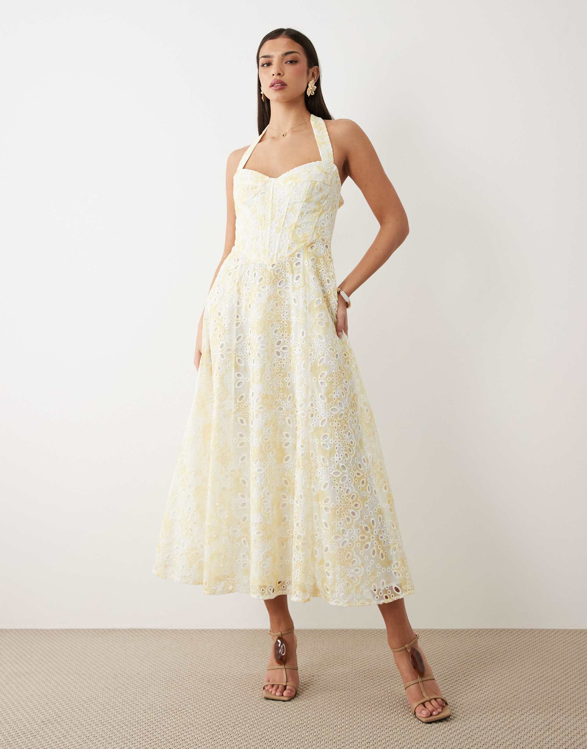 bardot pollie broderie halter midi dress in yellow floral