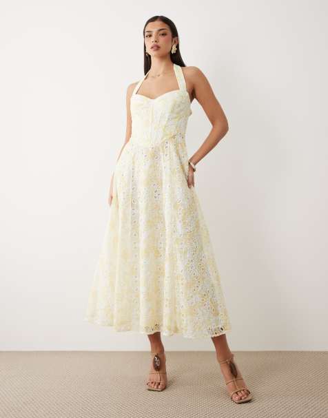 Bardot Pollie broderie halter midi dress in yellow floral