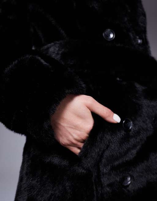 Bardot premium faux fur wrap over coat in black, 4 of 4