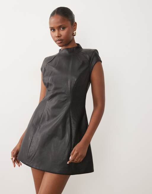 Bardot PU high neck cap sleeve molded mini dress in black