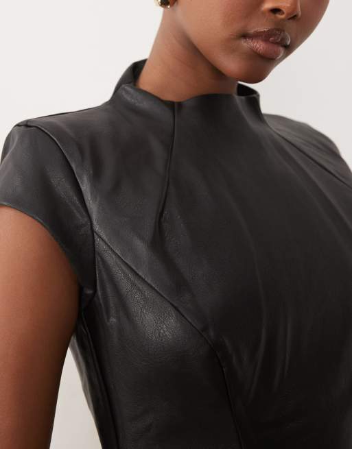 Bardot PU high neck cap sleeve moulded mini dress in black, 3 of 4