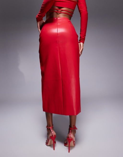 ミニスカート Red Vinyl Midi Skirt Mid-Waist GUCCI Vinyl-Textured Mid-Waist Midi Skirt in GLASS RED