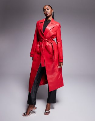 PU trench coat in in bright red