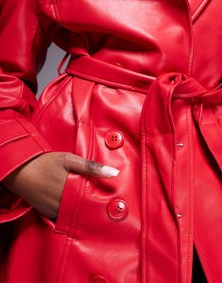 Bardot Faux Leather Trench Coat In Red