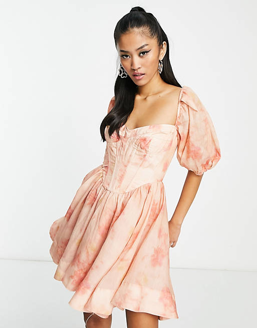 Bardot puff sleeve corset mini dress in apricot floral