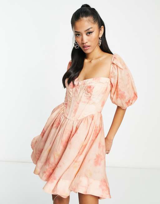 Pink Floral Corset Midi Dress, Bardot