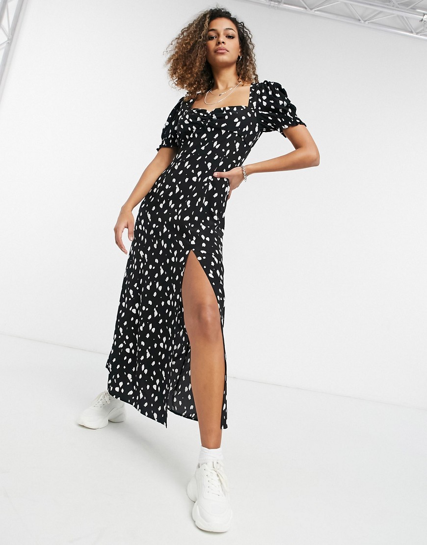 Bardot puff sleeve midi dress with thigh split in abstract spot-Multi