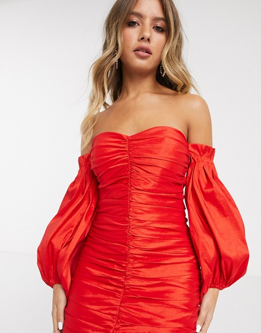 Bardot puff sleeve ruched mini dress in red