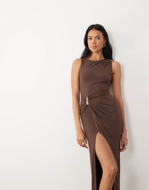 Bardot Reed draped maxi dress with thigh slit in chocolate brown - view 1