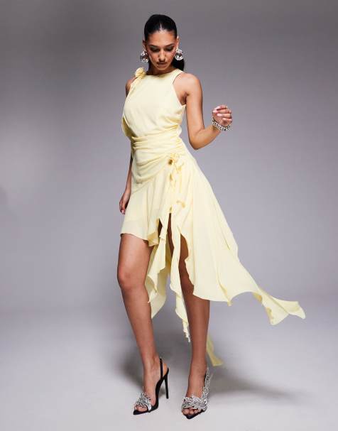 Bardot - Robe courte avec volants et détail grosse fleur - Jaune citron - view 1