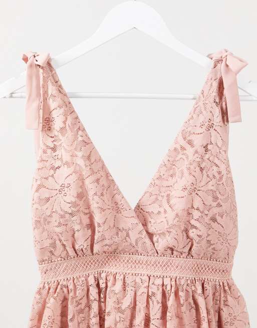 Bardot Robe Courte En Dentelle A Volants Superposes Vieux Rose Asos