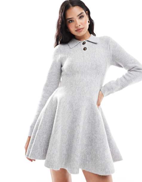 Bardot - Robe courte volumineuse en maille - Gris colombe - view 1