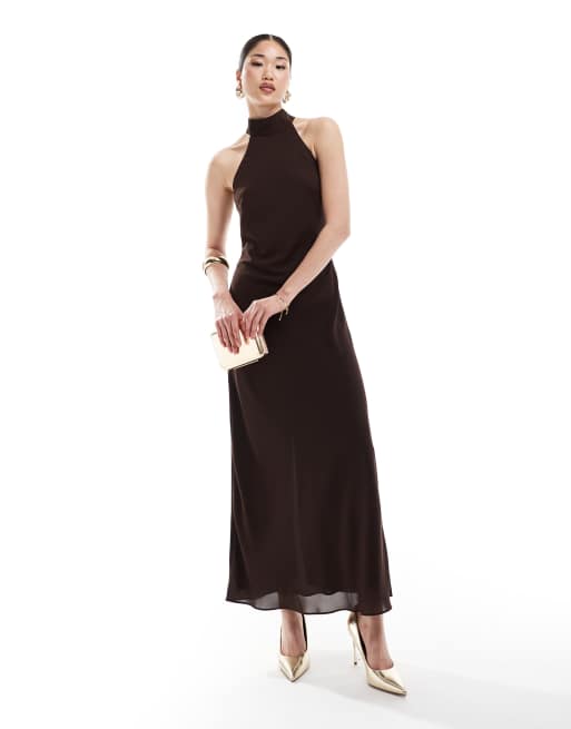 Bardot - Robe longue ajustée à col montant - Chocolat 