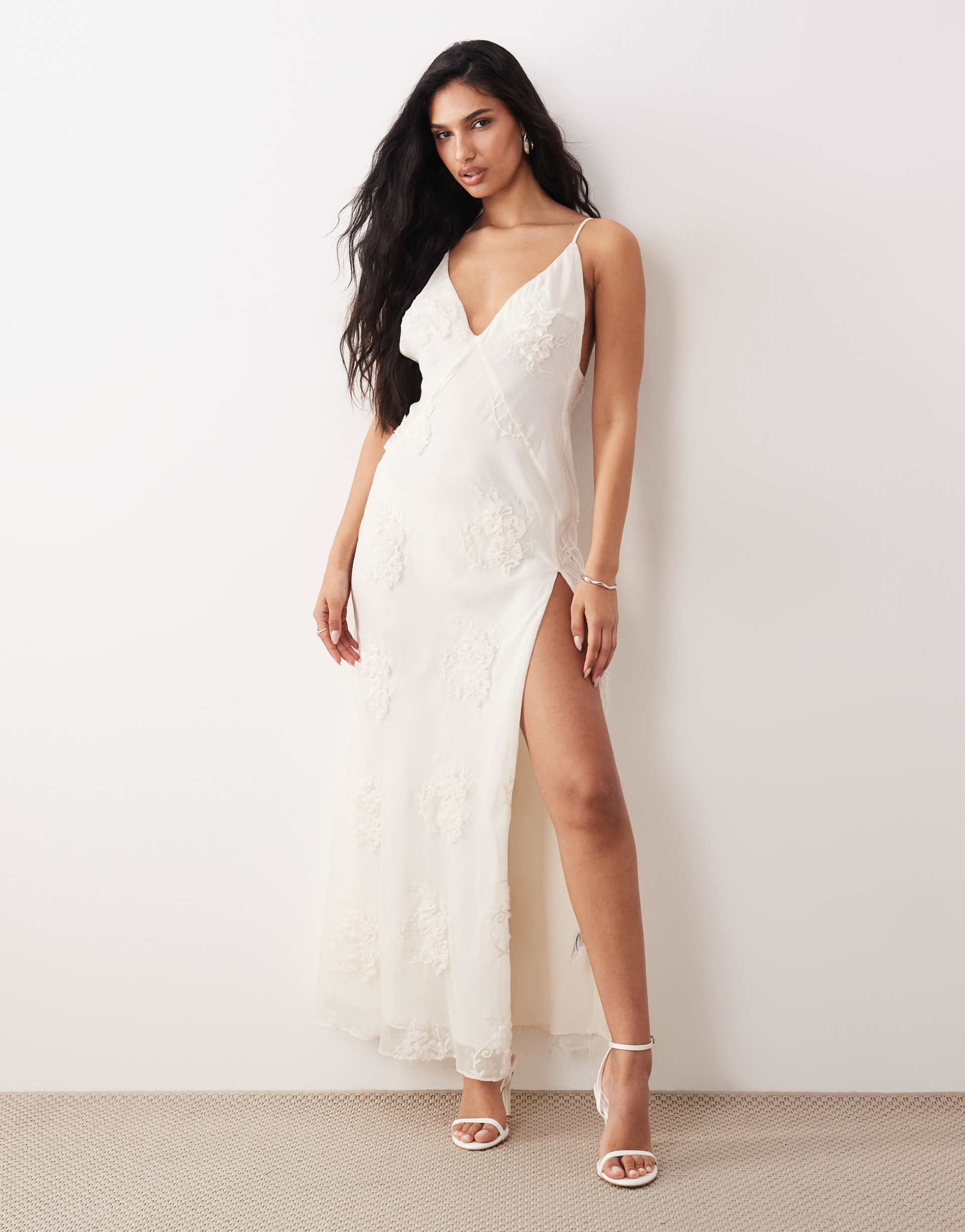 bardot romaya chiffon v-neck floral appliqué detailing maxi dress in ivory