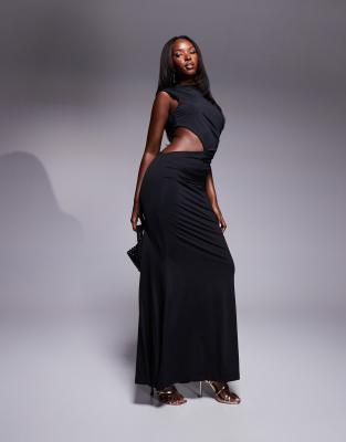 ruched cut out maxi dress in black