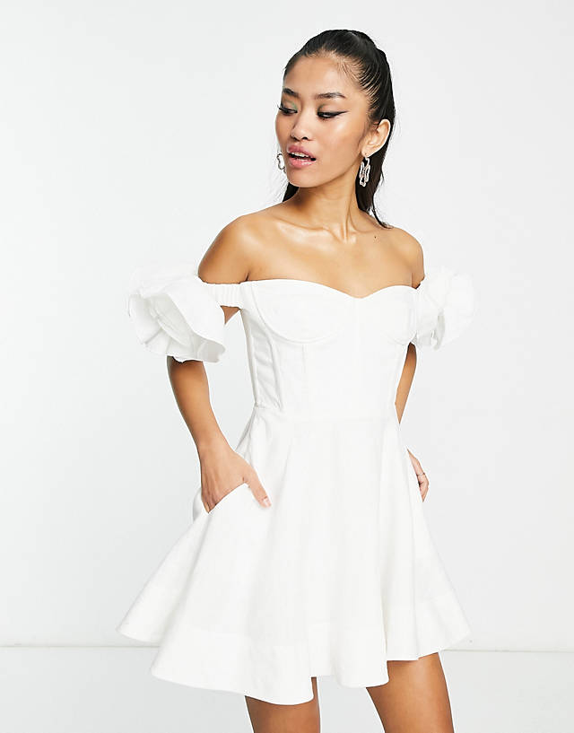 Bardot ruffle sleeve corset mini dress in white