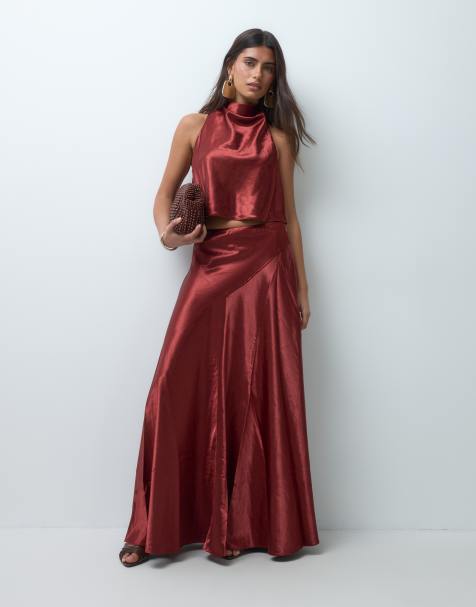 Bardot satin backless top and maxi skirt set in rust - view 1