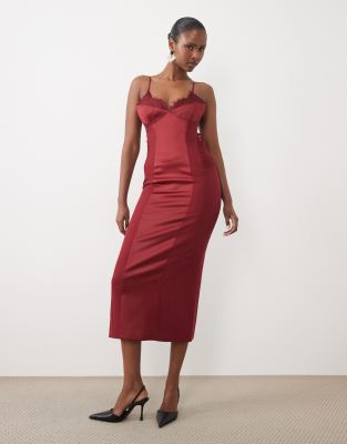 Bardot Satin Cami Lace Detail Midi Dress In Red