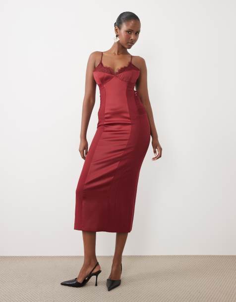 Bardot satin cami lace detail midi dress in burgundy - view 1