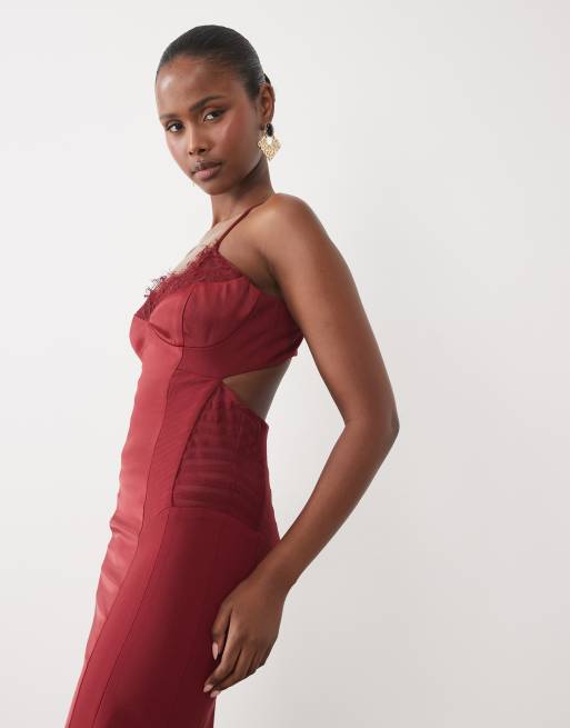Bardot satin cami lace detail midi dress in burgundy, 2 of 4