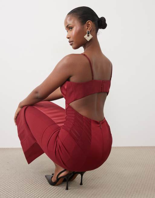 Bardot satin cami lace detail midi dress in burgundy, 3 of 4