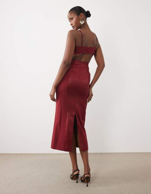 Bardot satin cami lace detail midi dress in burgundy, 4 of 4